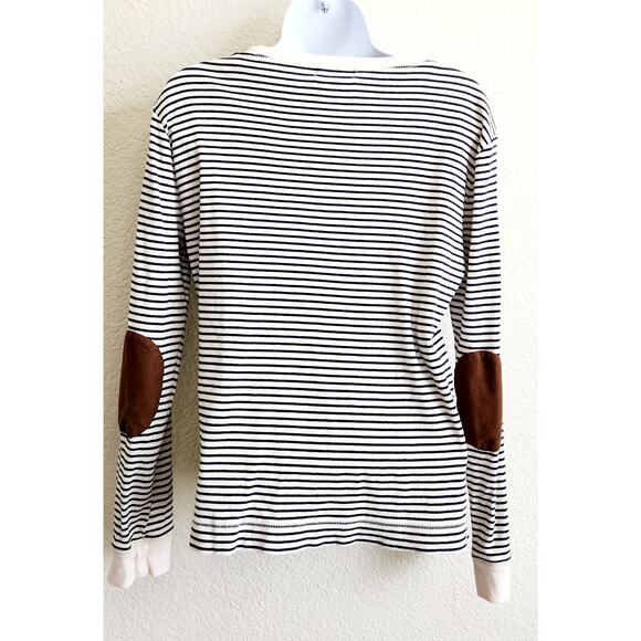 LRL Lauren Jeans Co Black Cream Stripes Top XL Long Sleeves Patches On Elbows - Picture 4 of 5